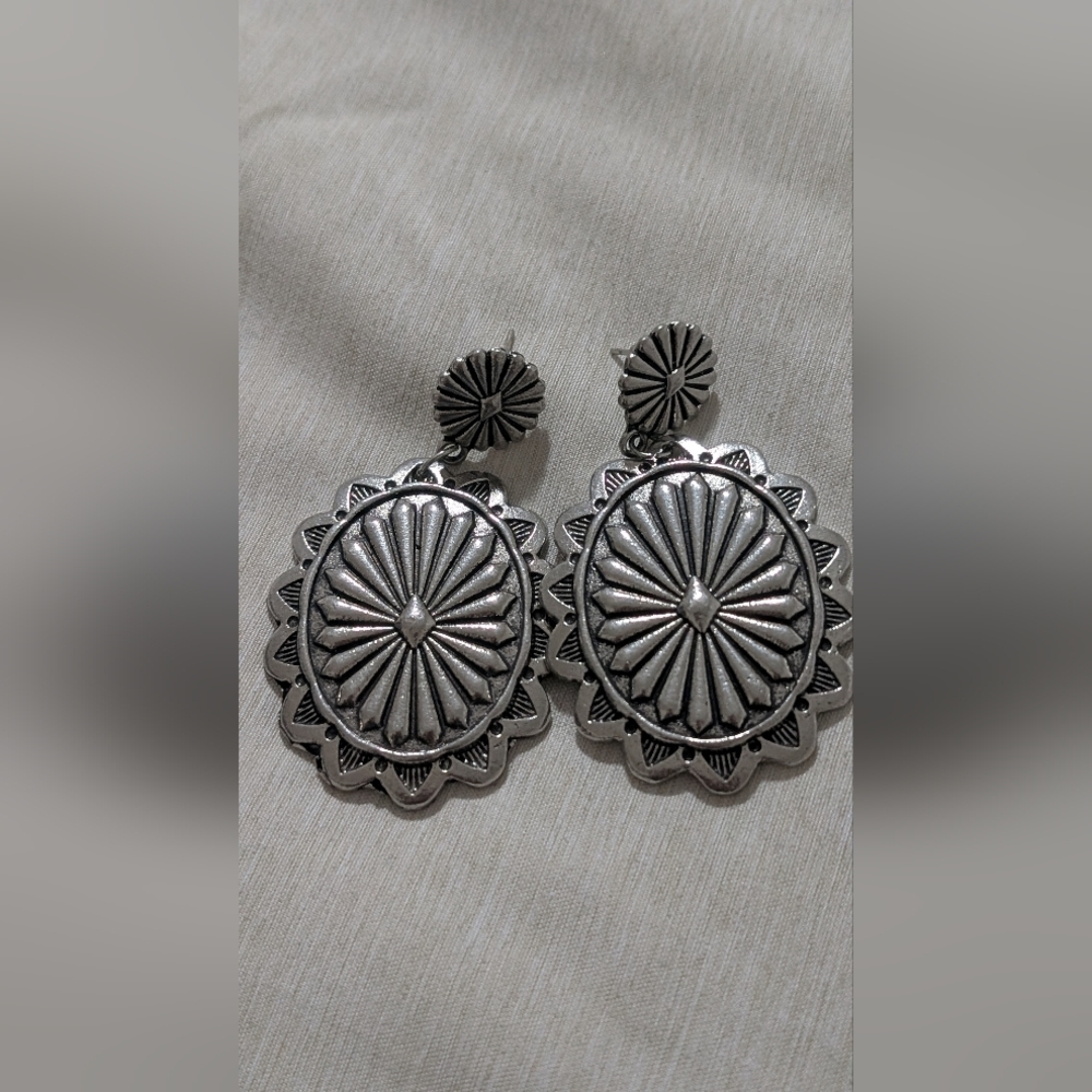 Western Southern Concho Faux Silver Earrings